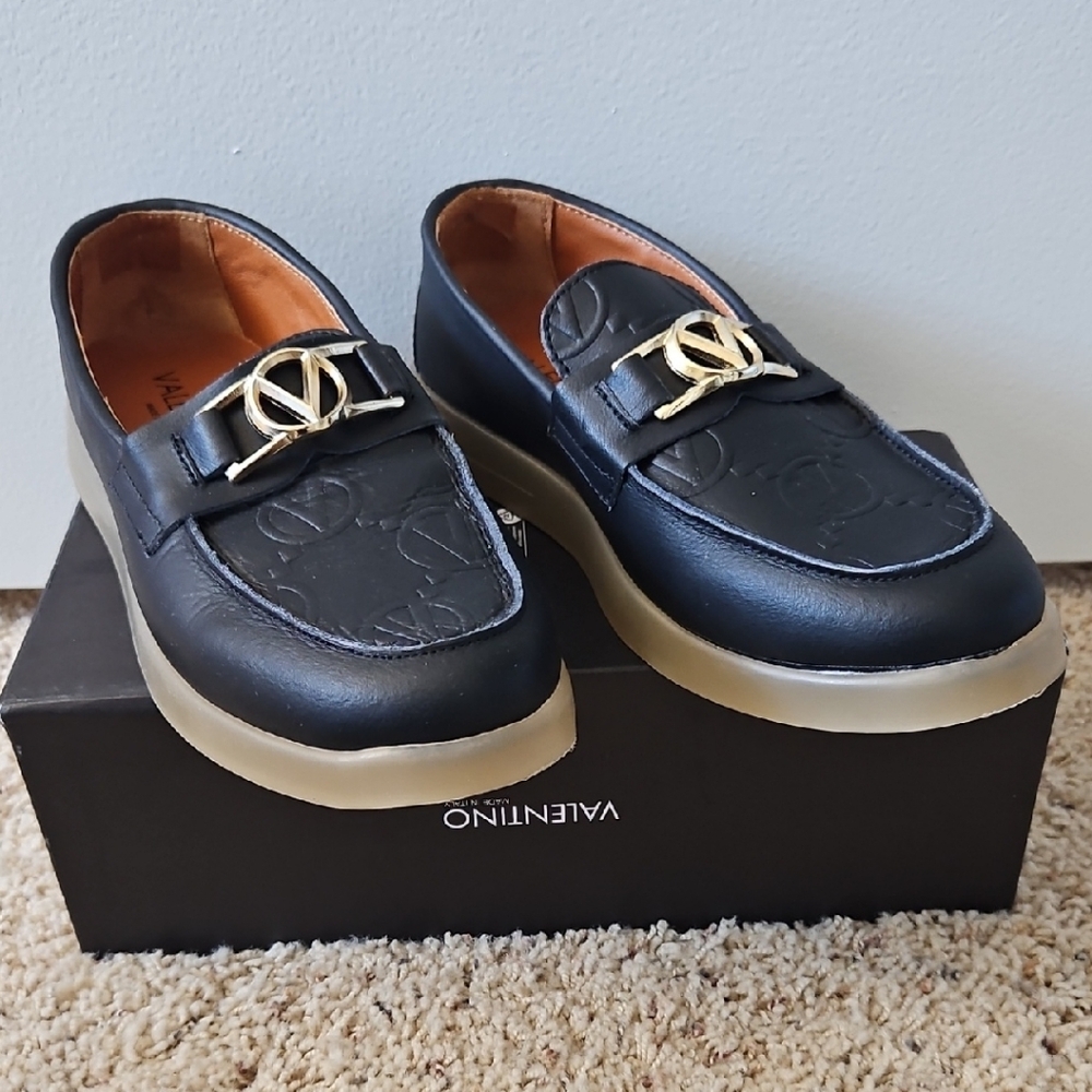 Valentino Black Loafers with Gold Logo